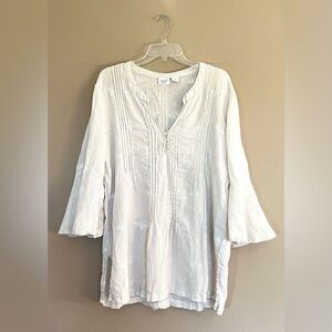 Antibes Blanc 100% Linen Striped Embroidered Top